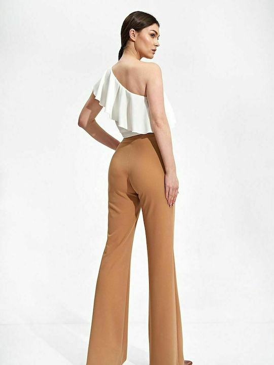 Figl Women's High-waisted Fabric Trousers in Wide Line Brown