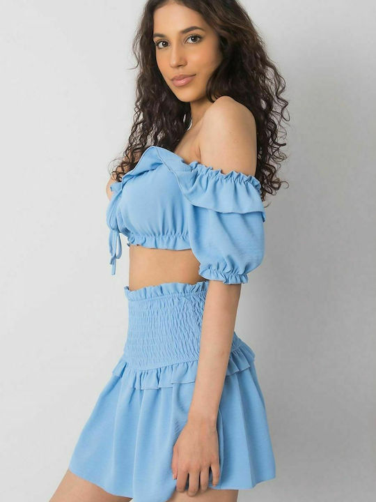 Och Bella Damen Sommer Crop Top Schulterfrei Kurzarm Hellblau