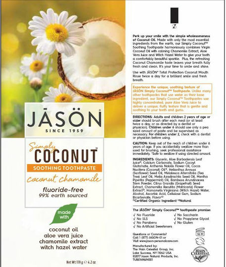 Jason Simply Coconut Soothing Οδοντόκρεμα Χωρίς Φθόριο Coconut & Chamomile 119gr