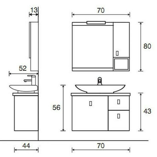 Pro Bagno Penelope 639 Countertop with Sink & Mirror with Light L70xW43xH56cm Brown
