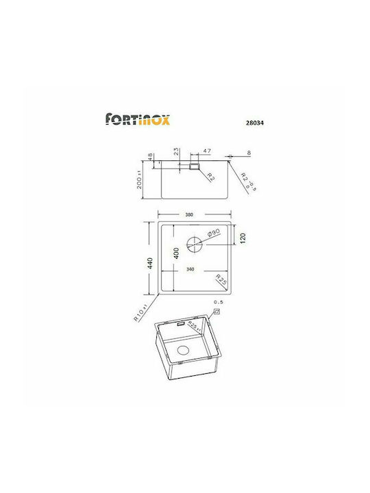 Fortinox Squadro 28034 108-28034-110 Undermount Sink Inox Satin W38xD44cm Silver