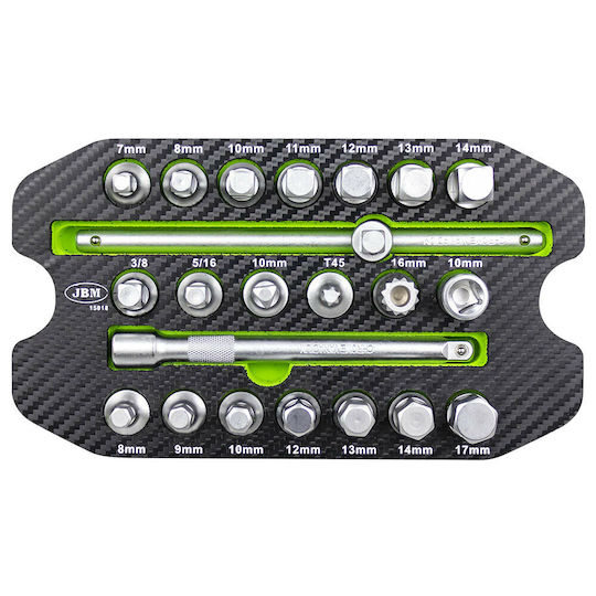 JBM Bit-Stecknüsse mit Bits Allen, Torx, Spline, Platz und Antriebsvierkant 3/8'' Set 22Stück
