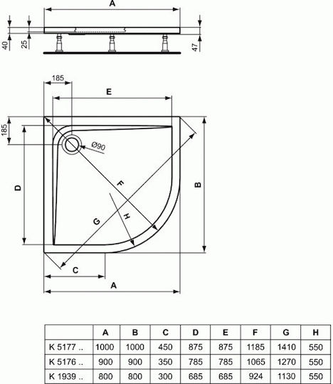 Ideal Standard Doccia Halbkreisförmig Acryl Dusche x80cm Weiß