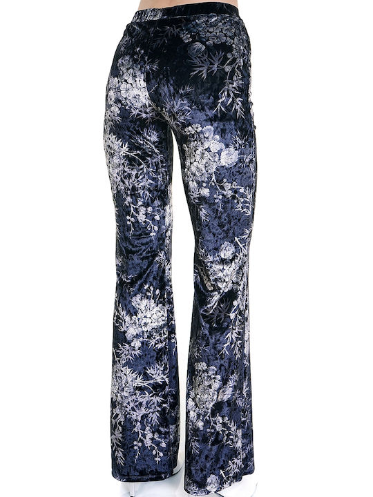 Kendall + Kylie Women's High Waist Fabric Trousers Flared with Elastic in Slim Fit Floral Blue