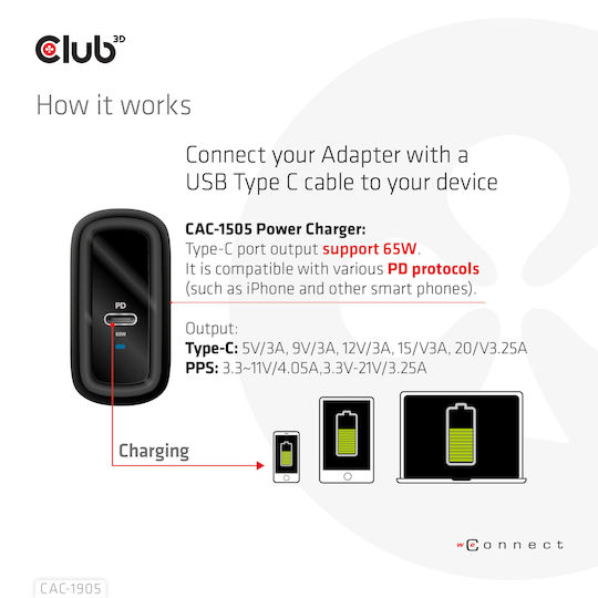 Club3D Φορτιστής Χωρίς Καλώδιο με Θύρα USB-C 65W Power Delivery Μαύρος (CAC-1905EU)