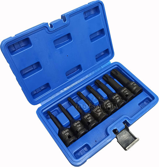 SKS Tools Lange Bit-Stecknüsse Pneumatisch mit Bits Torx und Antriebsvierkant 1/2'' Set 8Stück