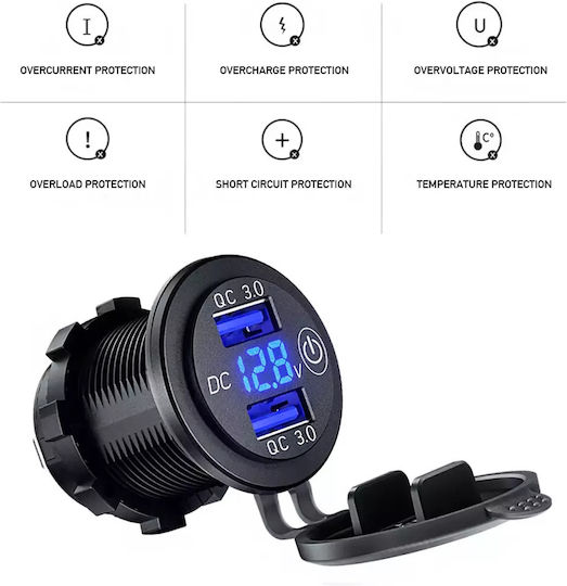 QC3 Мотоциклетно зарядно устройство Бързо зареждане с Портове: 2xUSB