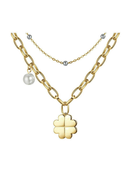 Luca Barra Halskette Doppelter aus Vergoldet Stahl mit Perlen