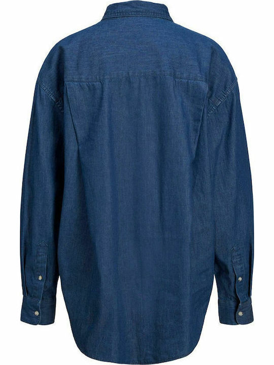 Mânecă lungă Femei Denim Cămașă Albastru marin Monocrom
