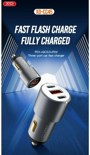 XO CC45 Car Charger 30W 3A Fast Charging with Ports: 1xUSB 2xType-C Black Color
