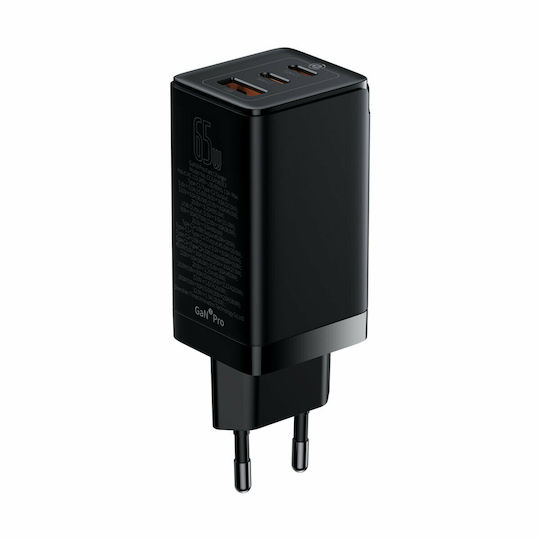 Baseus Φορτιστής GaN με Θύρα USB-A και 2 Θύρες USB-C και Καλώδιο USB-C 65W Power Delivery / Quick Charge 4.0 Μαύρος (GaN3 Pro)