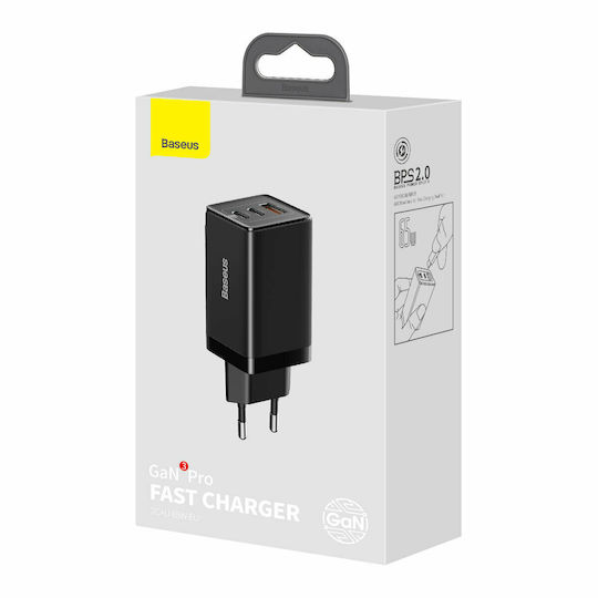 Baseus Φορτιστής GaN με Θύρα USB-A και 2 Θύρες USB-C και Καλώδιο USB-C 65W Power Delivery / Quick Charge 4.0 Μαύρος (GaN3 Pro)