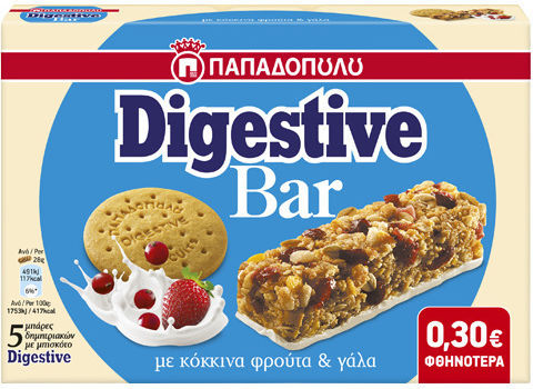 Papadopoulou Digestive Bar Energy / Nuts / Oat with Red Fruits & Milk (5x28gr) 140gr