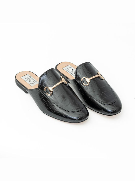 Politis shoes Flat Δερμάτινα Mules Black Croco