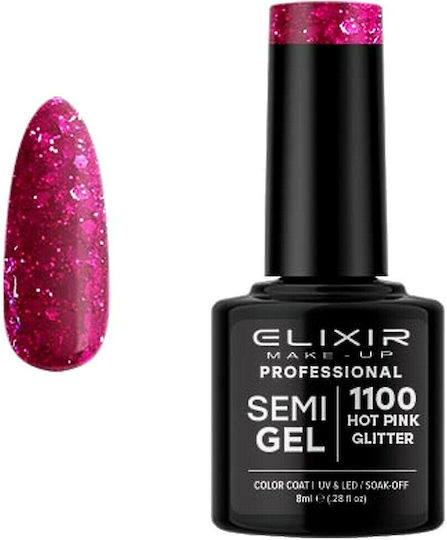 Elixir Semi Gel Ημιμόνιμο Βερνίκι Νυχιών 1100 Hot Pink Glitter με Glitter 8ml