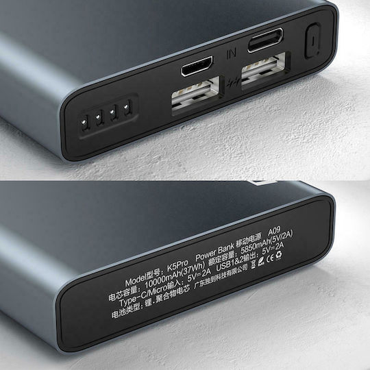 Dudao K5Pro Power Bank 10000mAh με 2 Θύρες USB-A Ασημί