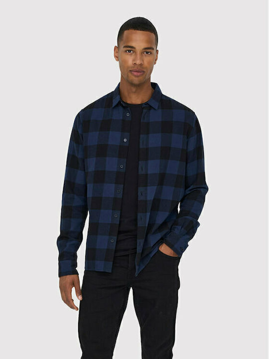 Long-sleeved Cotton Shirt Checked Dress Blues