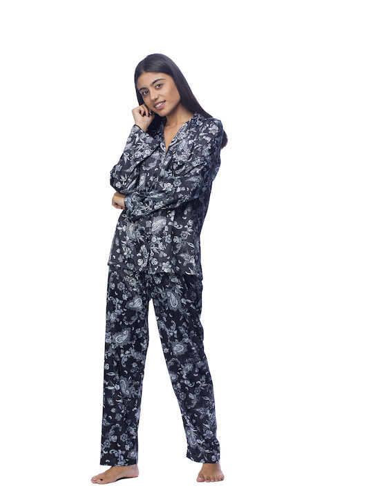 Zaboo Damen Satin Luxus-Knopf-Pyjama - ZB1041 Schwarz