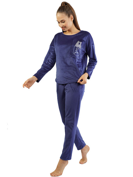 Vienetta Damen Winter Samt Pyjama "Dream"-105160 Blau Marine