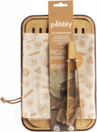 Pebbly Bamboo Chopping Board Set for Bread with Tweezers & Storage Bag Brown 28x18cm 3pcs