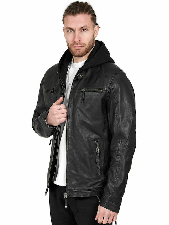 GROSSE KAPUZE SCHAF SCHWARZ - AUTHENTISCHE MÄNNER SCHWARZE LEDERJACKE