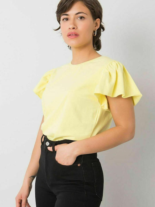 Fancy Damen Sommer Bluse Baumwolle Kurzärmelig Gelb