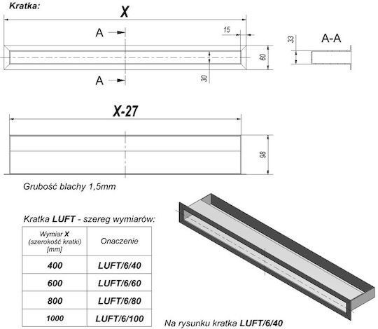 Kratki Rectangular Fireplace Air Shutter Black 60x6cm