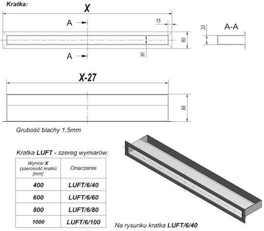 Kratki Rectangular Fireplace Air Shutter Black 60x6cm