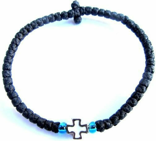 IconsGR Prayer Beads with Cross & Blue Bead Black