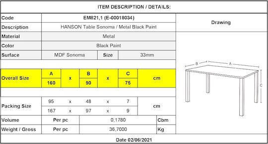 Hanson Τραπεζαρίας Δρυς 160x90x75εκ. Hanson Τραπεζαρίας Δρυς 160x90x75εκ.