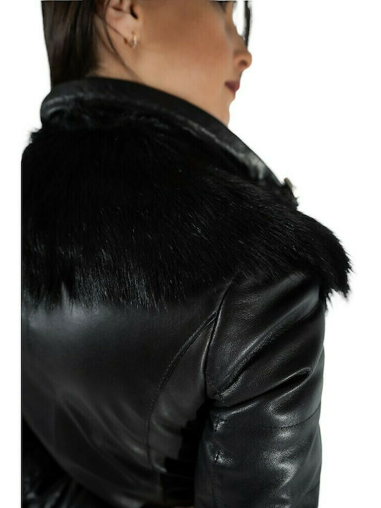 911 WOMEN'S LEATHER JACKET SEMI-COAT BLACK