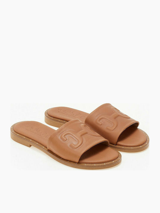 Leather Women's Flat Sandals in Tabac Brown Color