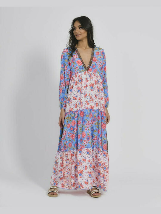 Ble Resort Collection Maxi Καλοκαιρινό All Day Φόρεμα Βαμβακερό Blue/Pink/Red