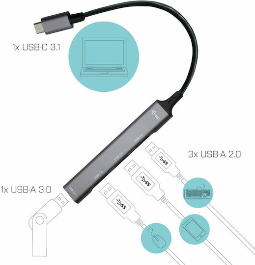i-tec USB-C Metal USB Hub 4 Ports USB 3.0 with USB-C Connection Gray