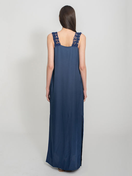 Aggel Summer Maxi Dress Satin with Slit Blue