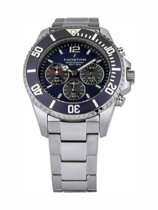 Thorton Ceas Barbatesc 44mm Cronograf Cu Baterie Cu Brățară Din Oțel Inoxidabil Argintiu