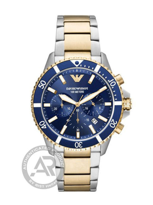 Emporio Armani Diver Ανδρικό Ρολόι 43mm Χρονογράφος Μπαταρίας με Μεταλλικό Μπρασελέ Χρυσό/Ασημί