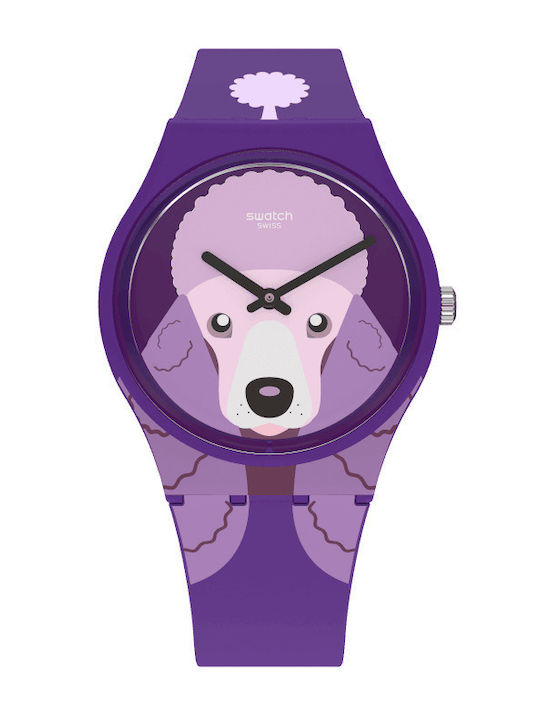 Swatch Poodle Women's Watch with Purple Rubber Strap