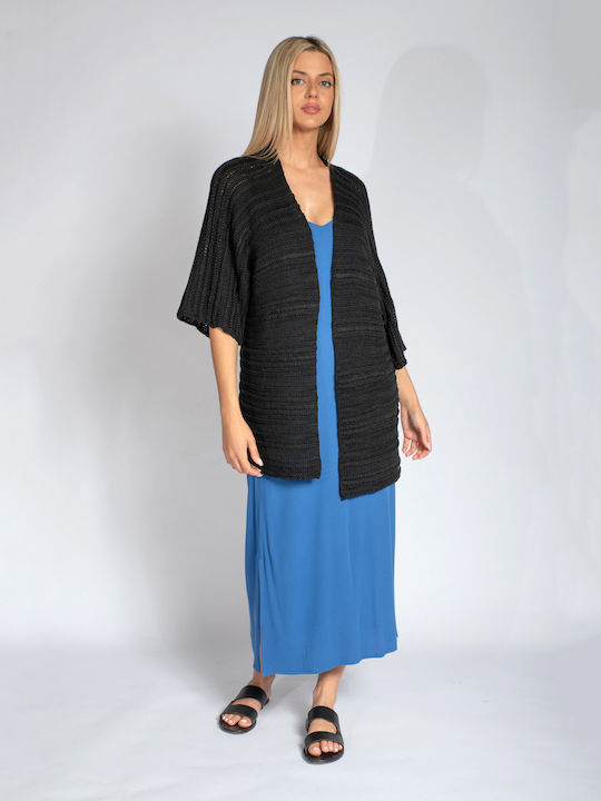 Aggel Knitwear Μακριά Γυναικεία Πλεκτή Ζακέτα σε Μαύρο Χρώμα