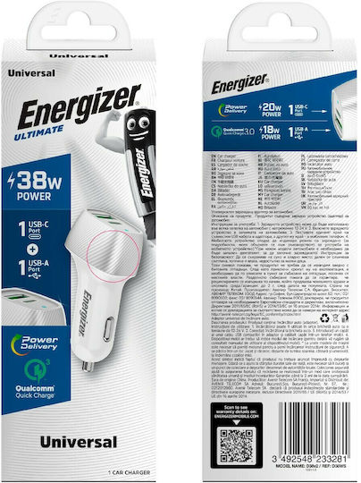 Energizer D38WS Autoladegerät 38W 4A mit Anschlüssen: 1xUSB 1xType-C Silber Farbe