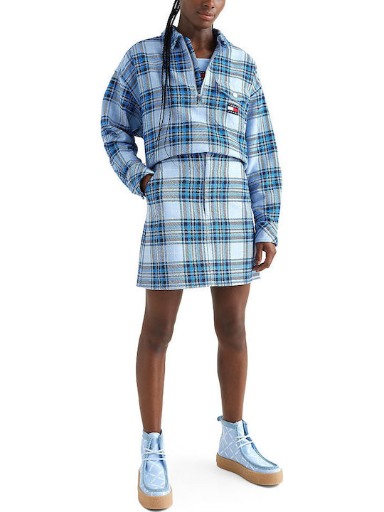 Denim High-waisted Mini Skirt Checked Blue