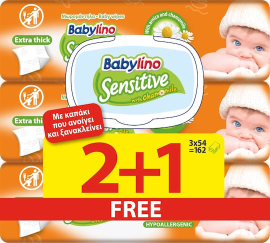 Babylino Sensitive with Chamomile Hypoallergenic Baby Wipes without Alcohol & Parabens 3x54pcs
