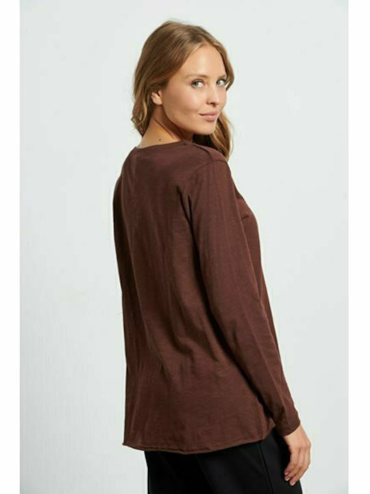 BodyTalk Women's Athletic Cotton Blouse Long Sleeve with V Neckline Brown