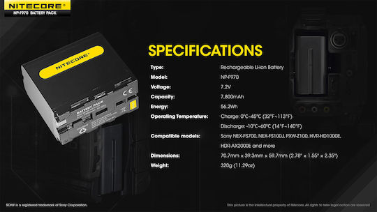 NiteCore Μπαταρия за фотоапарат NP-F970 Литиево-йонни (Li-Ion) 7800mAh Съвместима с Sony