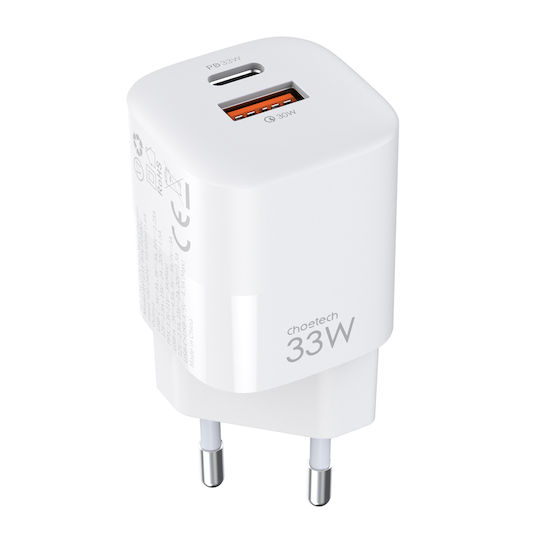Choetech Wireless Charger GaN With USB-A Output Port And USB-C Output Port 33W Power Delivery Quick Charge 3.0 White PD5006