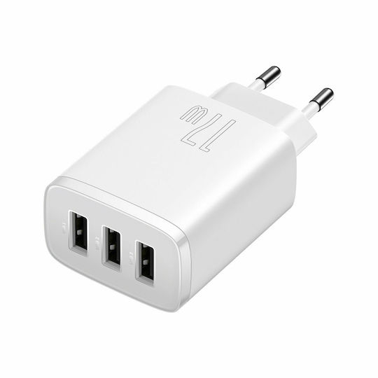 Baseus Încărcător Fără Cablu cu 3 Porturi USB-A 17W Albς (Compact)