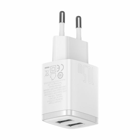 Baseus Charger Without Cable with 2 USB-A Ports 10.5W Whites (Compact)