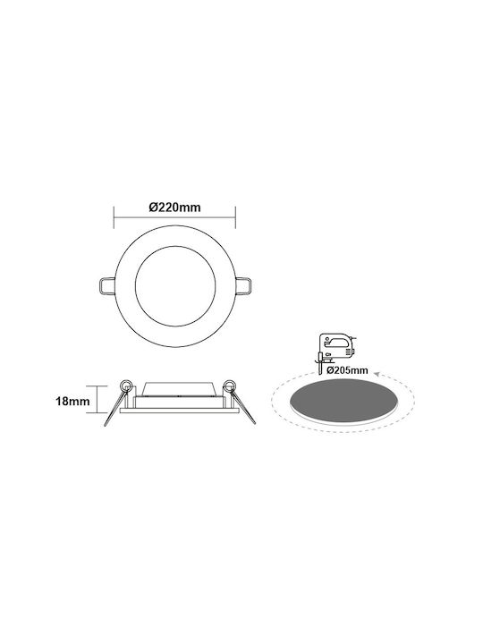 Aca Στρογγυλό Χωνευτό LED Panel 22W με Ψυχρό Λευκό Φως 6500K 22.5εκ.