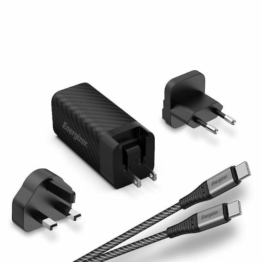 Energizer Φορτιστής GaN με Θύρα USB-A και Θύρα USB-C και Καλώδιο USB-C 90W Power Delivery Μαύρος (A90MUC EU / UK / US)