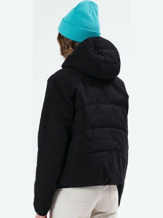 Women's Short Puffer Jacket Waterproof and Windproof for Winter with Hood Black